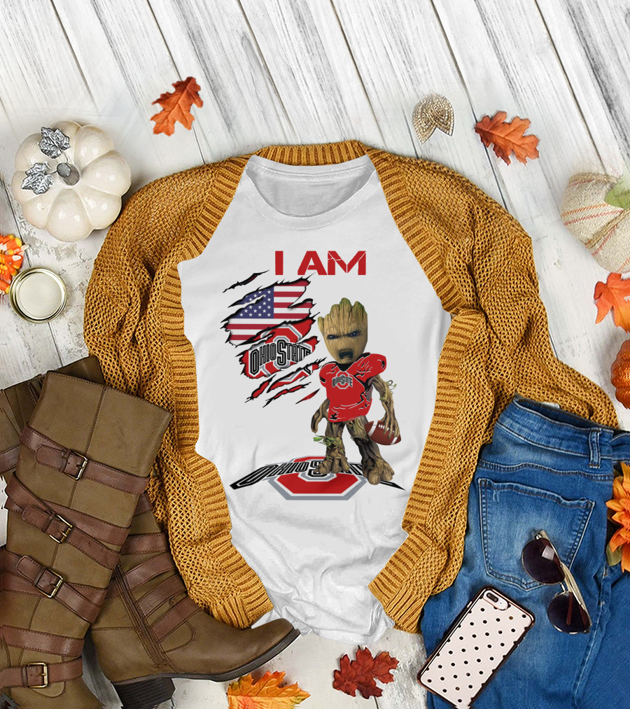 I Am Ohio State Baby Groot Football American Flag T-Shirt
