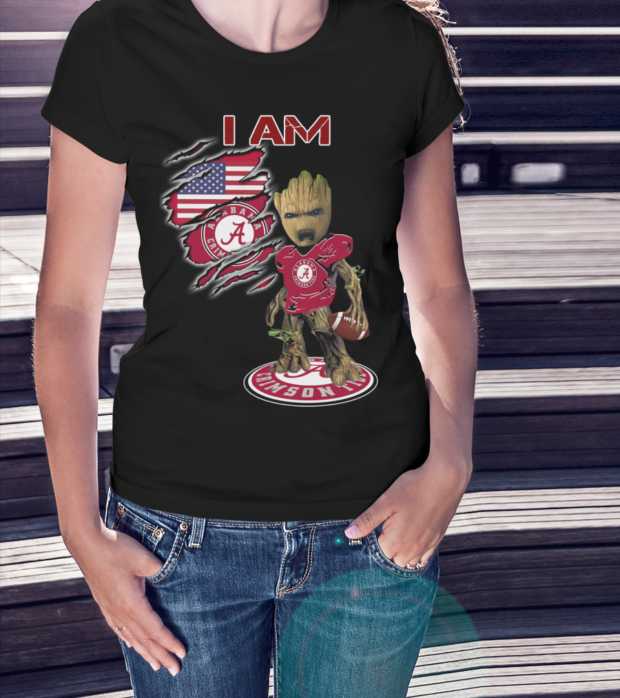 I Am Alabama Crimson Tide Football Fan Groot American Flag T-Shirt