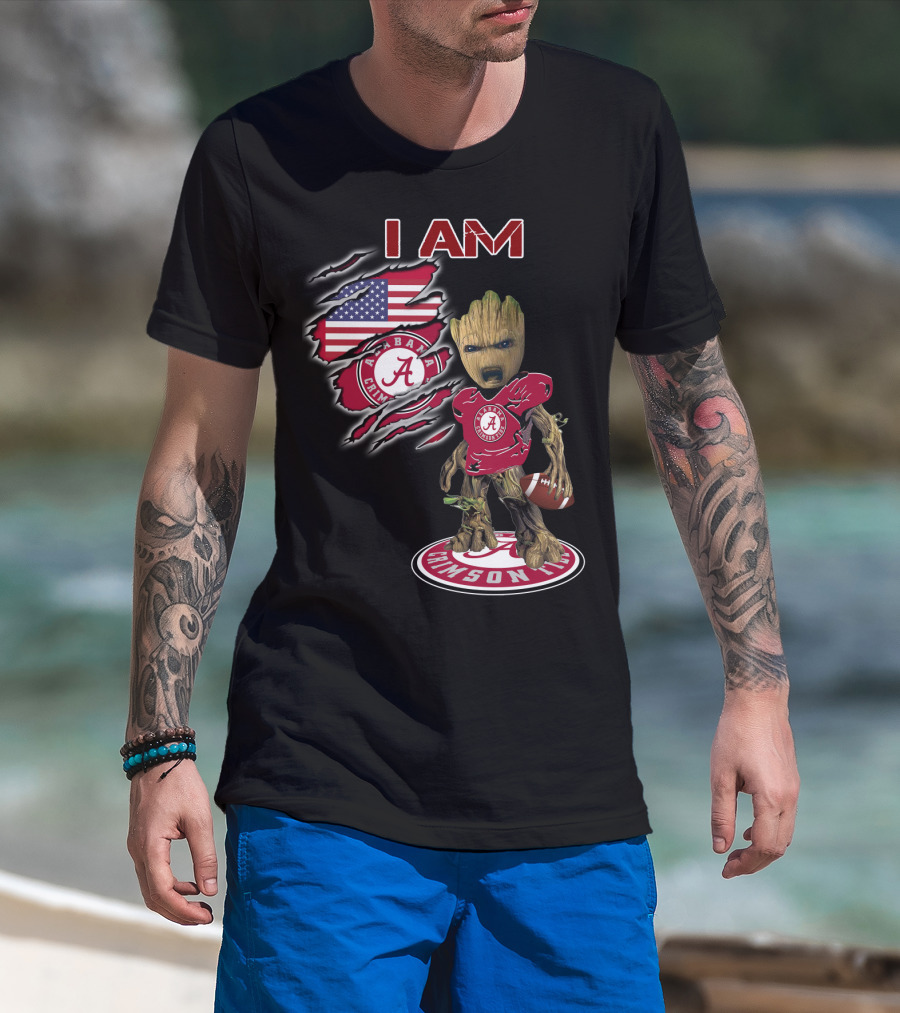 I Am Alabama Crimson Tide Football Fan Groot American Flag T-Shirt