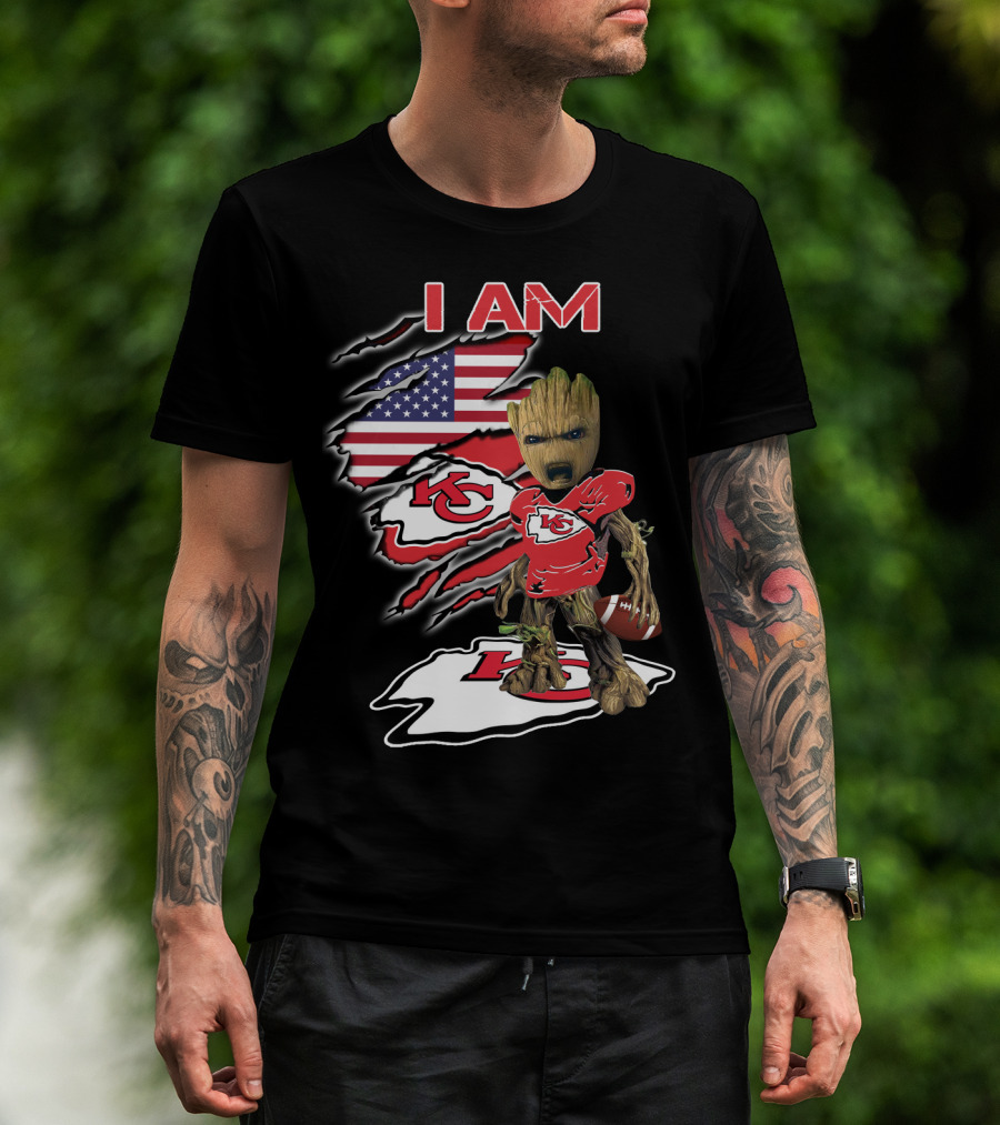 I Am Kc Chiefs Groot American Football Fan Usa Flag T-Shirt