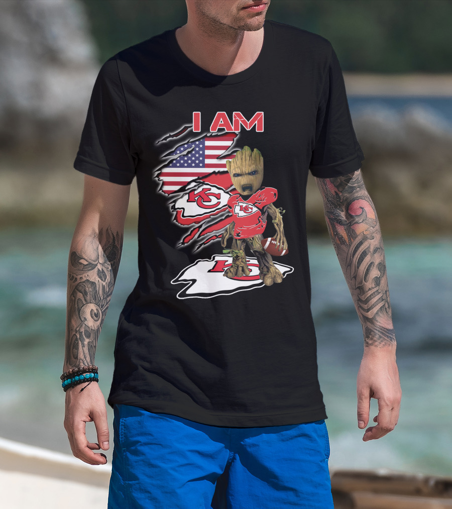 I Am Kc Chiefs Groot American Football Fan Usa Flag T-Shirt