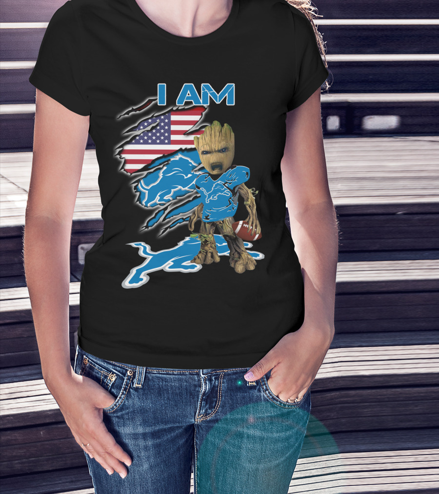 I Am Groot Detroit Lions Fan Football American Flag T-Shirt