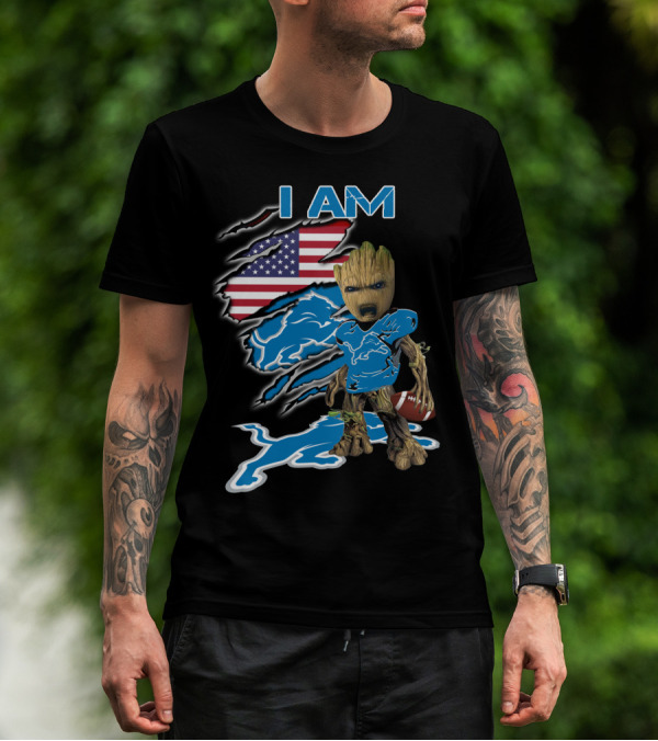 I Am Groot Detroit Lions Fan Football American Flag T-Shirt