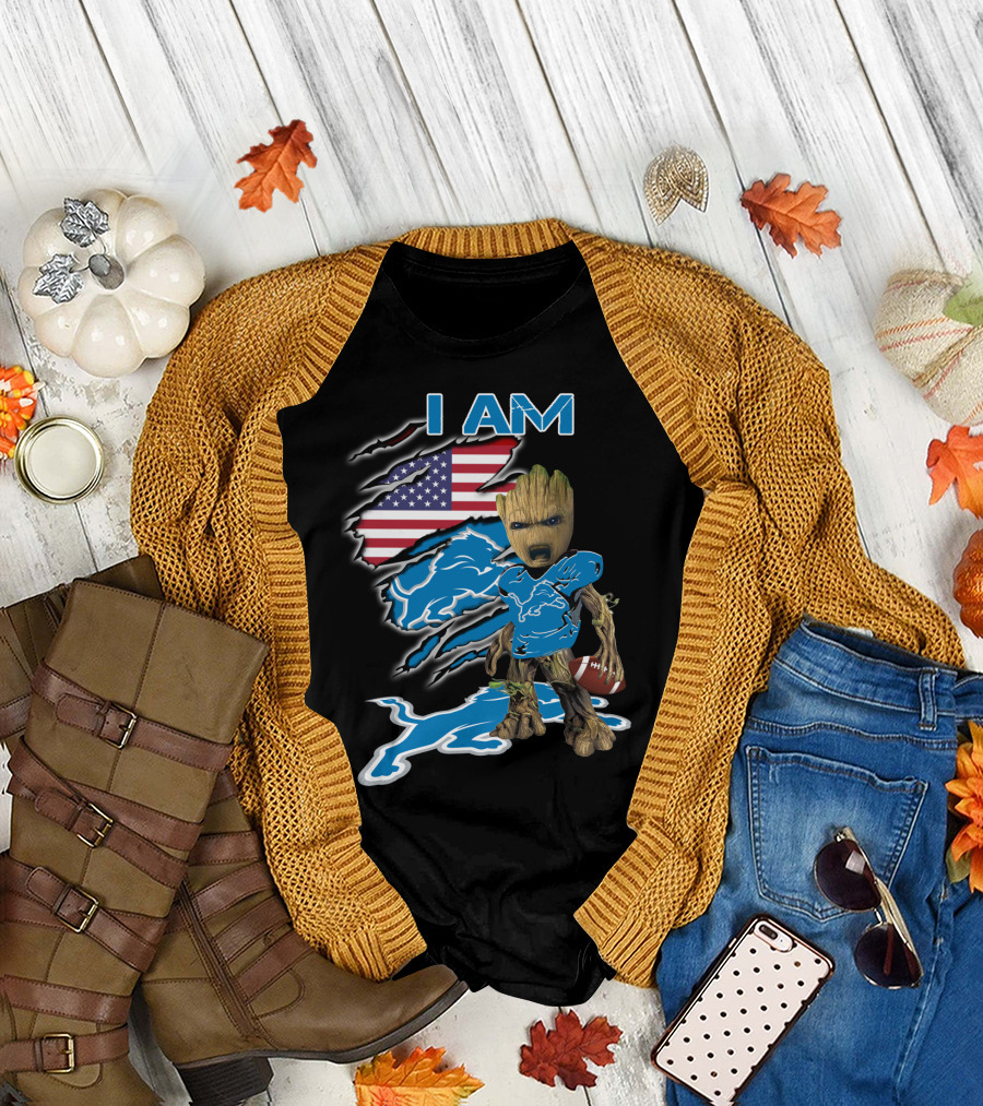 I Am Groot Detroit Lions Fan Football American Flag T-Shirt