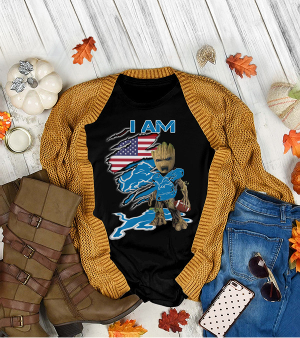 I Am Groot Detroit Lions Fan Football American Flag T-Shirt