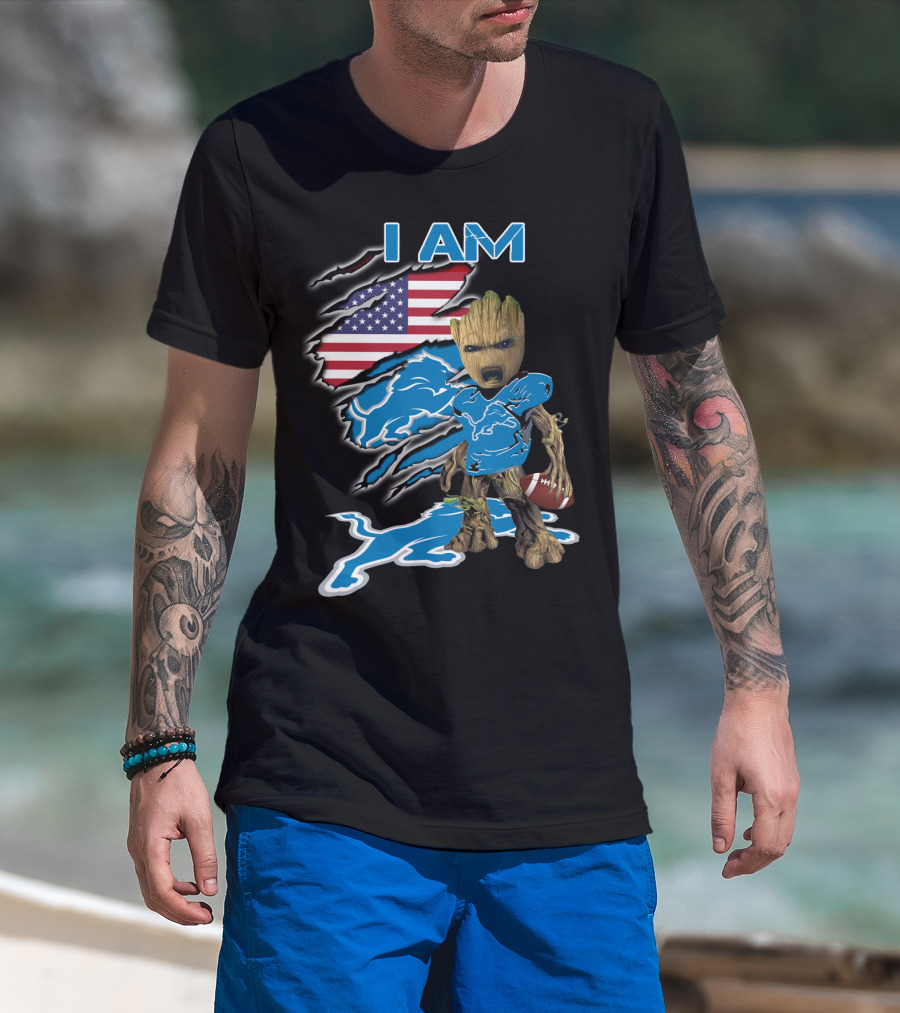 I Am Groot Detroit Lions Fan Football American Flag T-Shirt