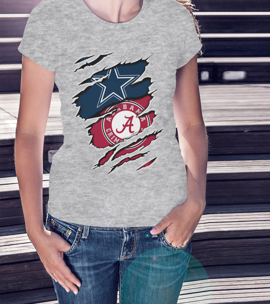 Dallas Cowboys Star And Alabama Crimson Tide Paw Rips T-Shirt