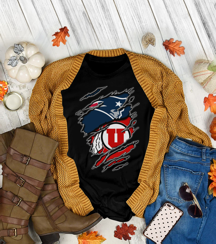 Patriots And Utah Utes Logos Torn T-Shirt