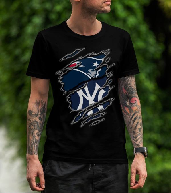 Patriots And Yankees Logo Combined With Ripped Style T-Shirt