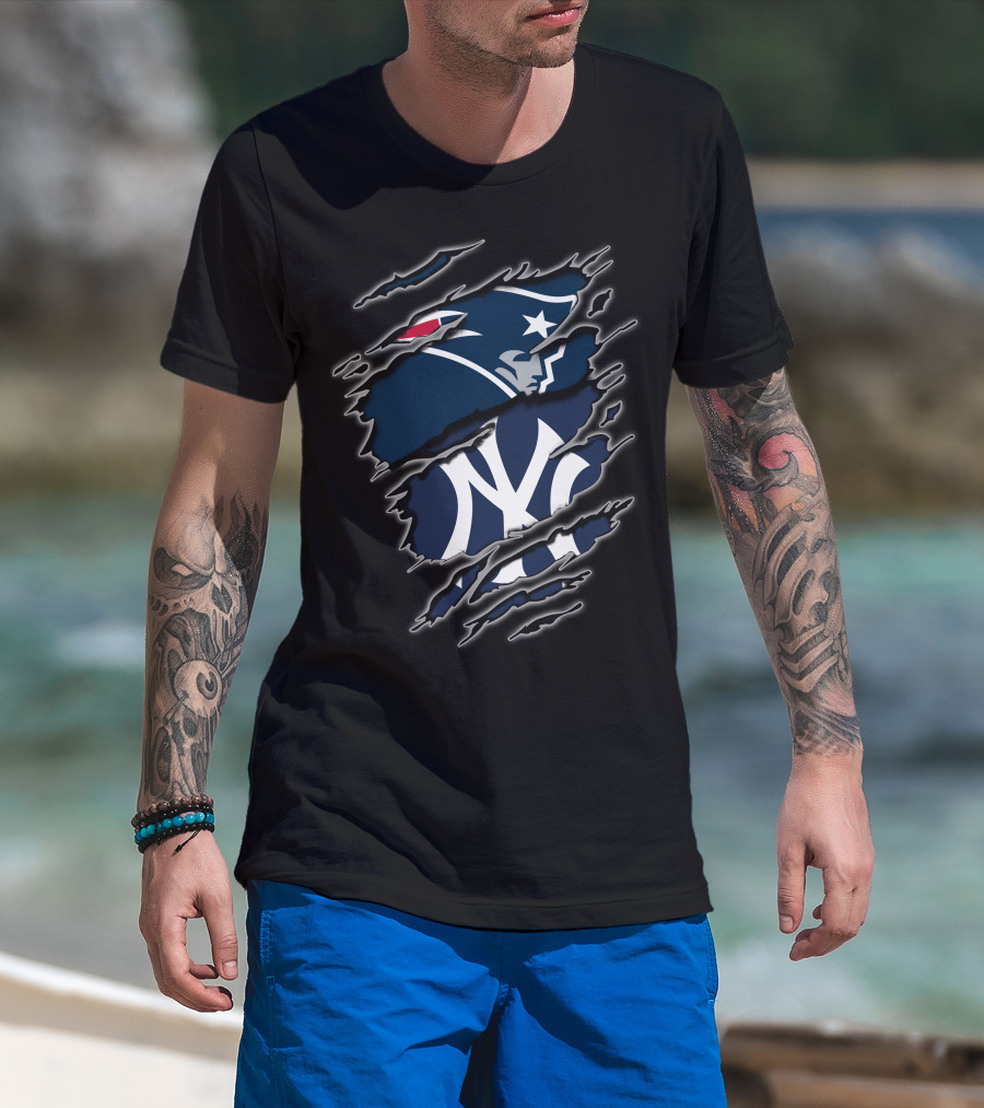 Patriots And Yankees Logo Combined With Ripped Style T-Shirt