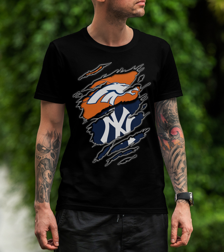 Broncos And Yankees Combined Logos On Torn T-Shirt