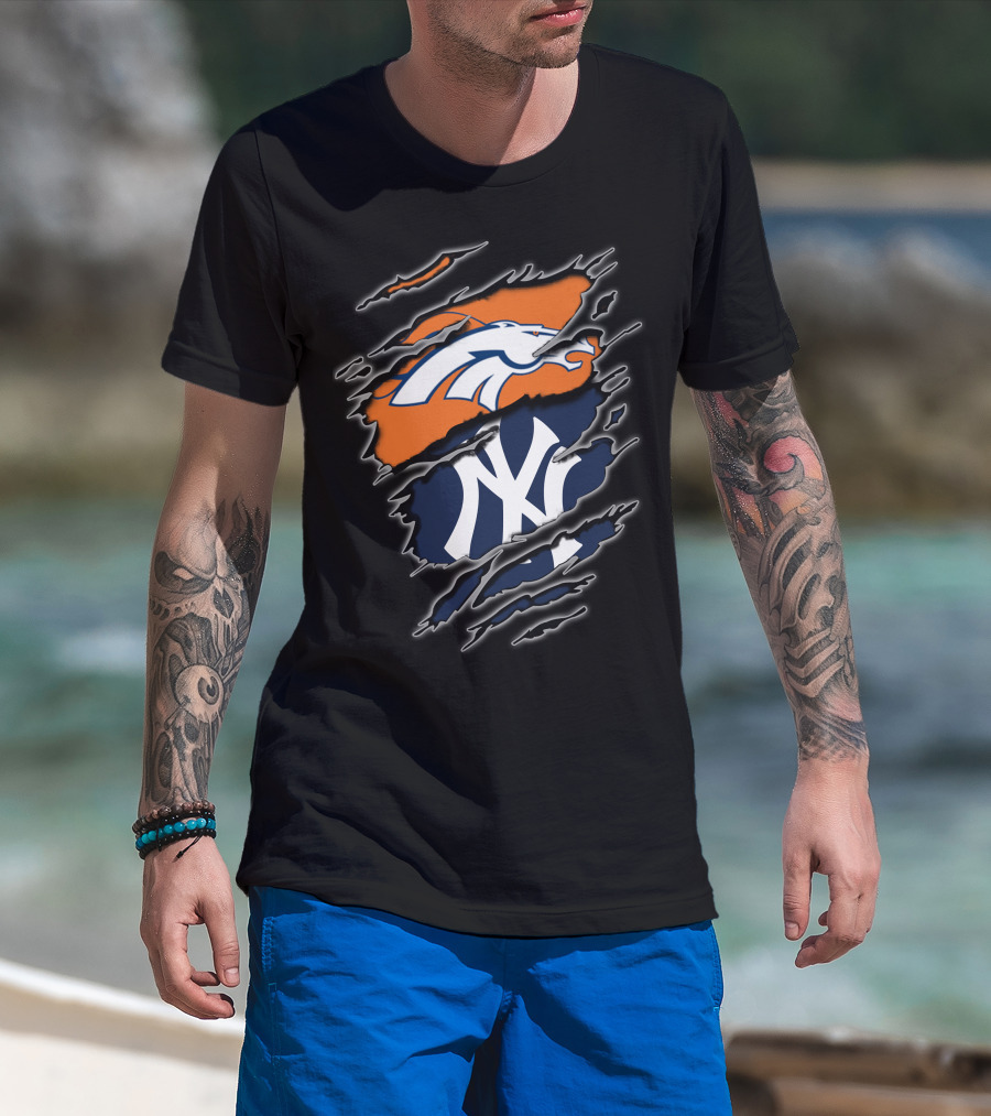 Broncos And Yankees Combined Logos On Torn T-Shirt