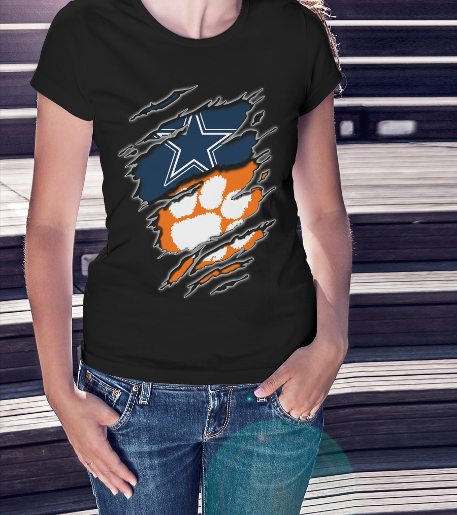 Cowboys Star Paw Clemson Logo Ripped T-Shirt