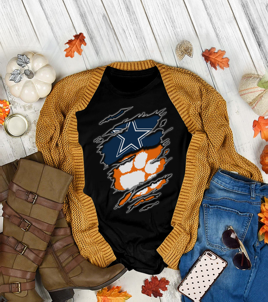 Cowboys Star Paw Clemson Logo Ripped T-Shirt