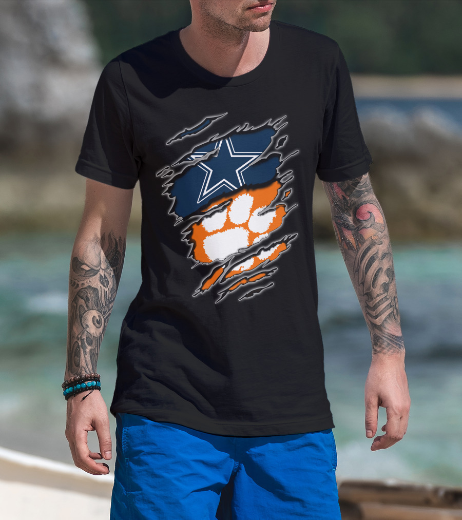 Cowboys Star Paw Clemson Logo Ripped T-Shirt