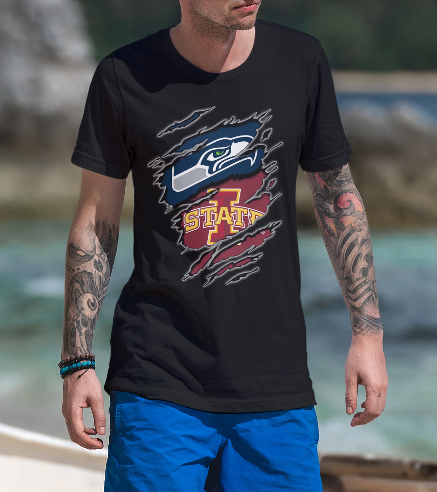 Seahawks Iowa State Cyclones Seattle Logo Torn Effect T-Shirt
