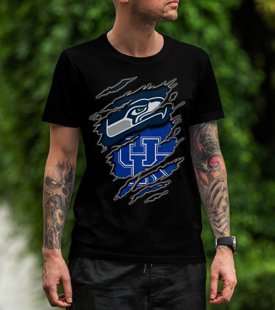 Seahawks Uk Blue Claw Mark Logo Ripped Effect T-Shirt