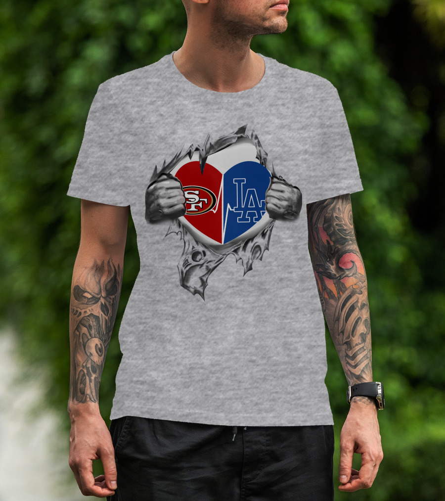 49ers La Dodgers Heart Logo Peeling T-Shirt