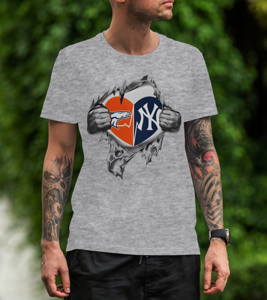 Broncos And Yankees Heart Split Design With Iconic Logo Mesh Tear Elements T-Shirt