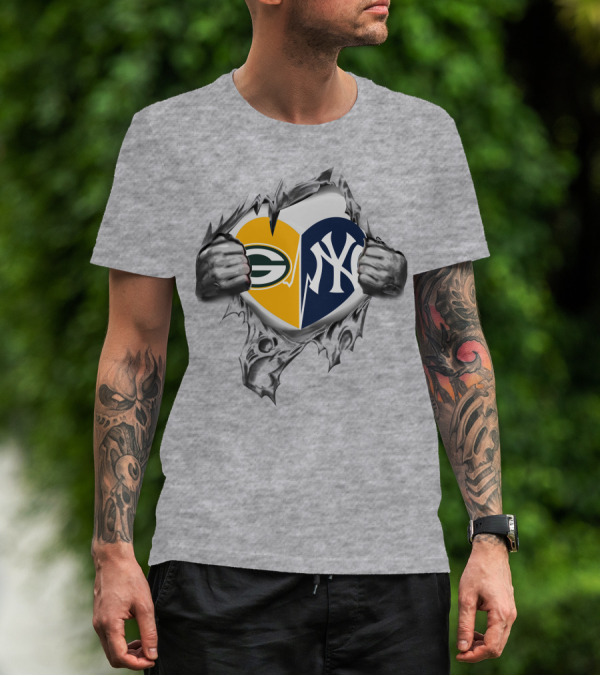 Packers Yankees Heart Split Logo Fusion T-Shirt