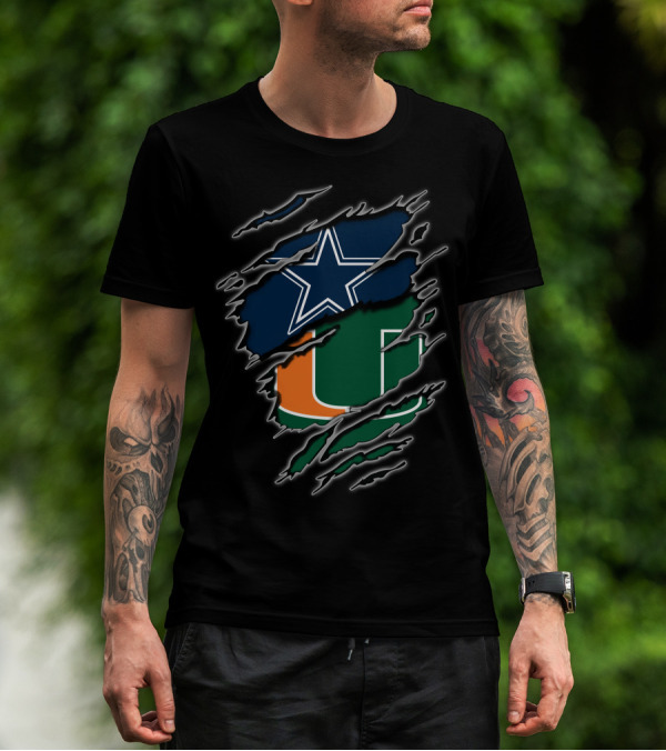 Dallas Cowboys Miami Hurricanes Logos Rip Through T-Shirt