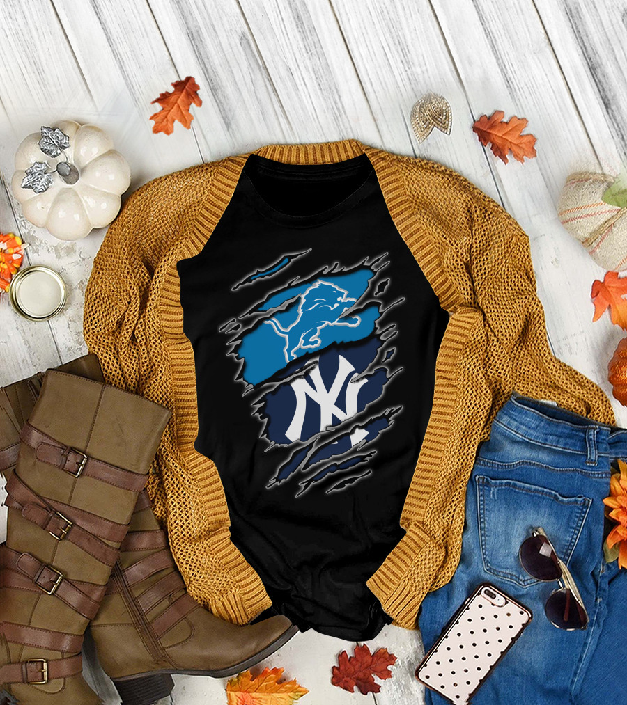 Detroit Lions New York Yankees Fan Merge T-Shirt