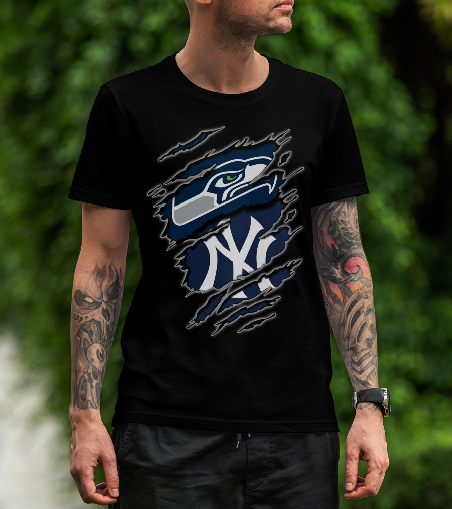 Seattle Seahawks New York Yankees Nfl Mlb Crossover Logo Fusion T-Shirt