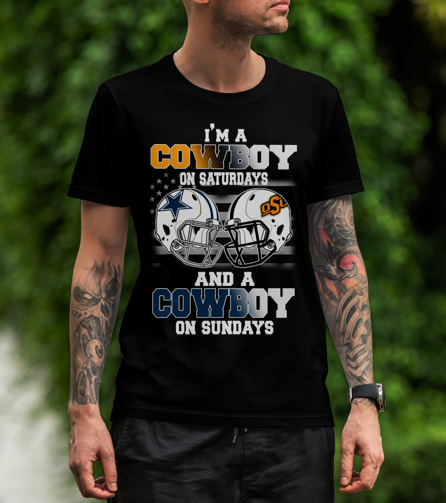 I'm A Cowboy Osu On Saturdays And A Cowboy On Sundays Football Helmets American Flag T-Shirt
