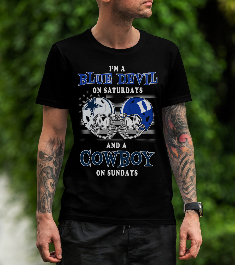 I'm A Blue Devil On Saturdays And A Cowboy On Sundays Football Helmets Usa Flag T-Shirt
