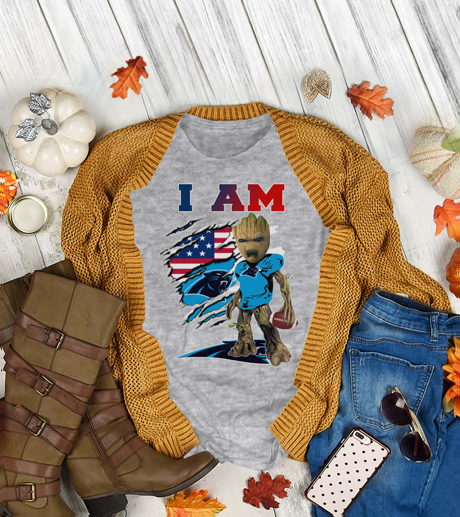 I Am Panthers Groot Football American Flag Crossover T-Shirt
