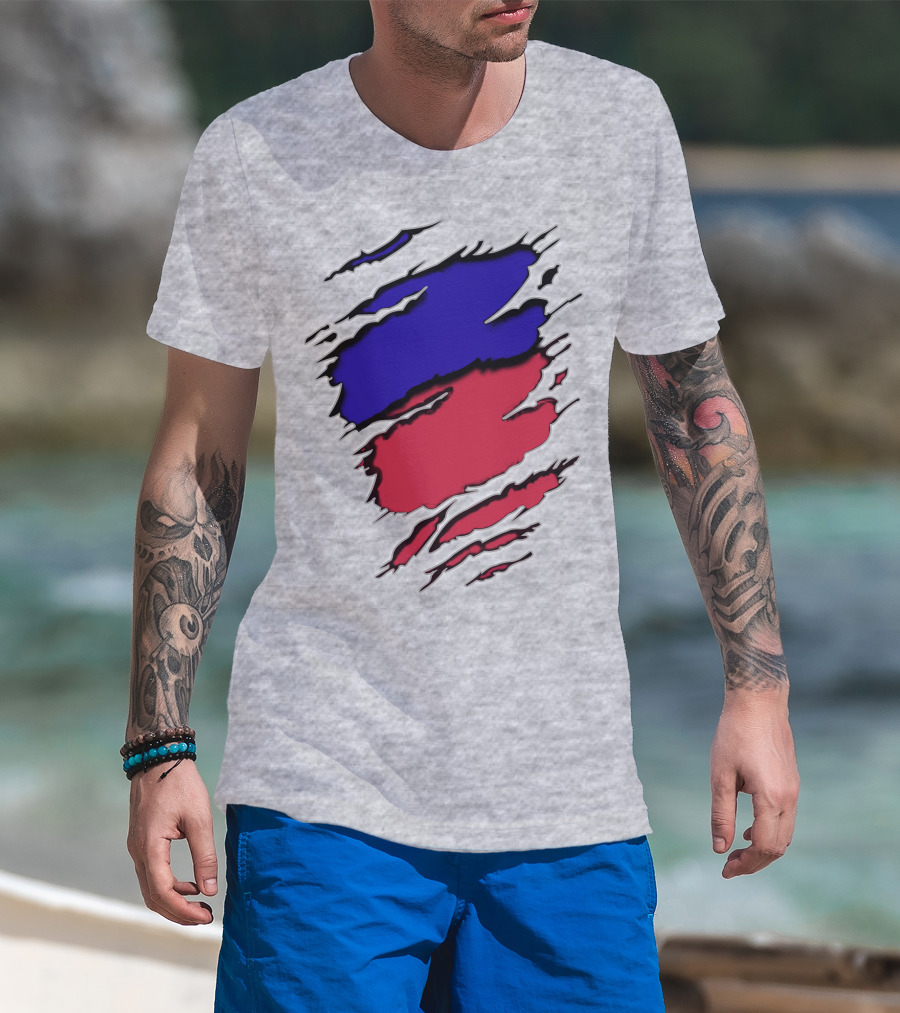 Ao Rach Two-Tone Distressed Blue Red Scratches T-Shirt