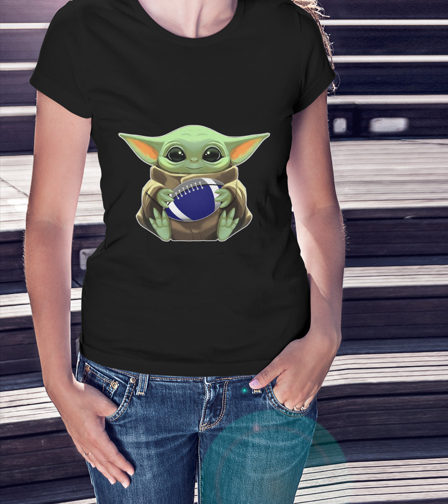 Yoda Baby Holding Blue And White Football T-Shirt