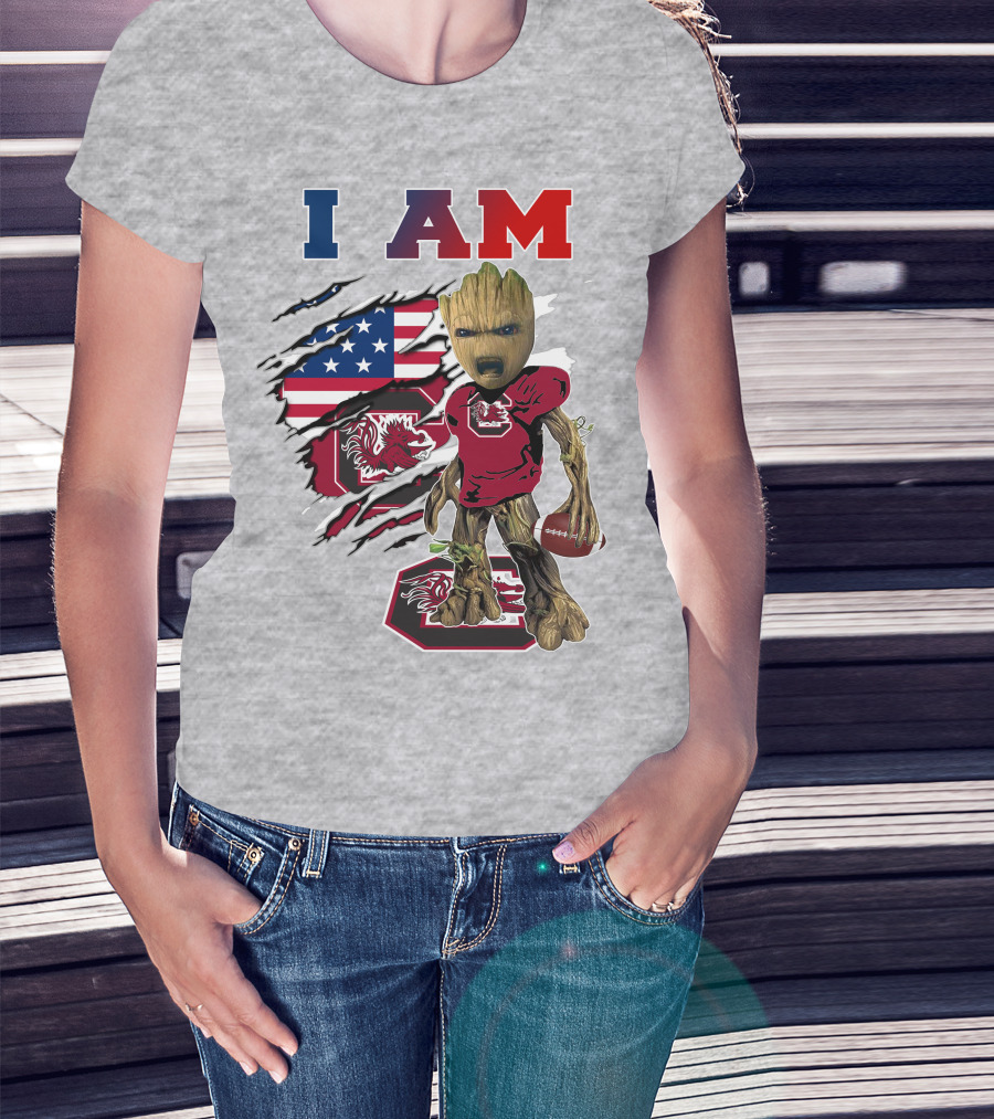 I Am Groot Gamecocks American Flag Football T-Shirt