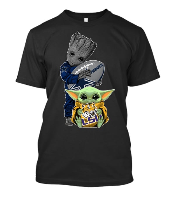 Groot Holding Cowboys Football With Baby Yoda In Lsu Attire T-Shirt