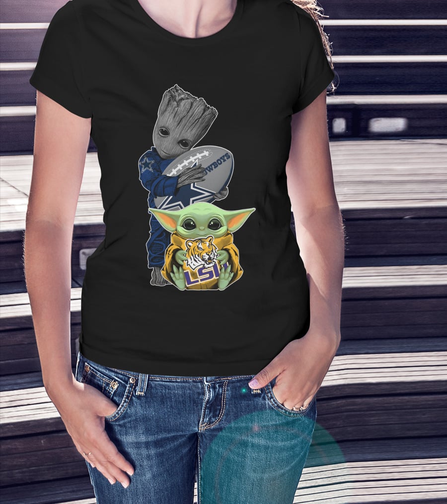 Groot Holding Cowboys Football With Baby Yoda In Lsu Attire T-Shirt