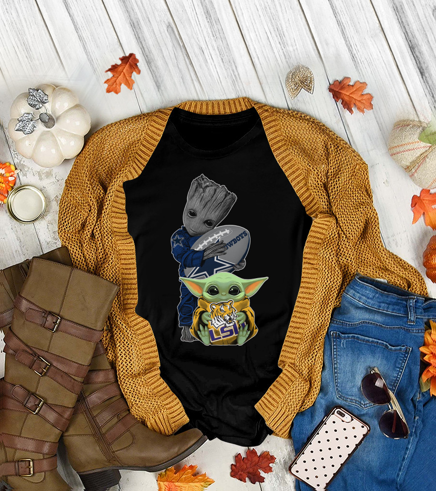 Groot Holding Cowboys Football With Baby Yoda In Lsu Attire T-Shirt