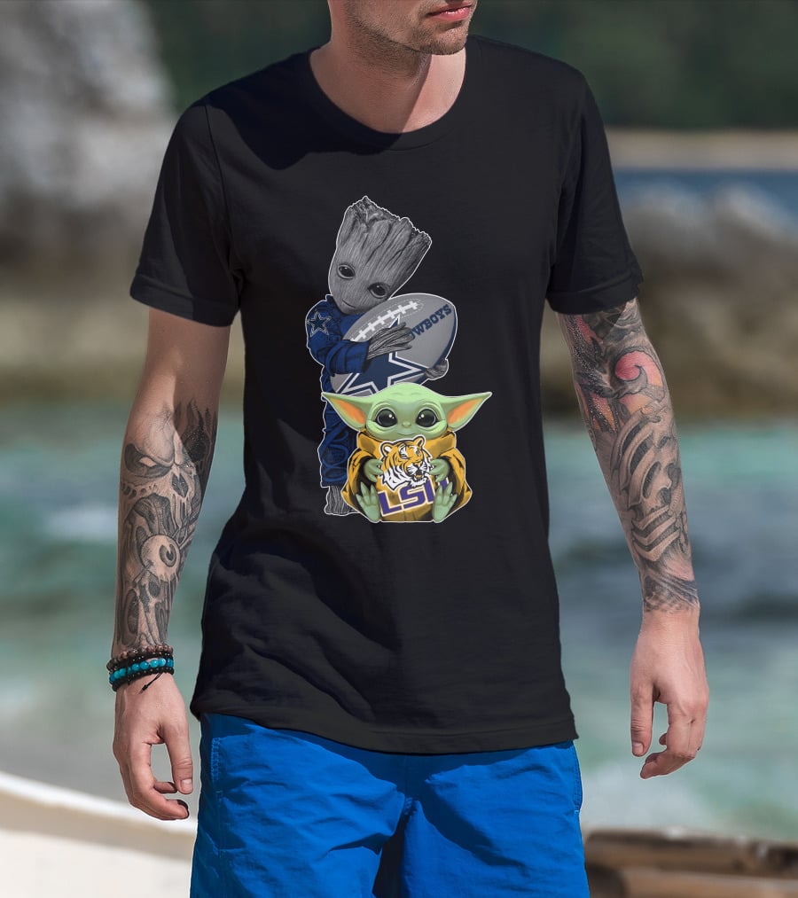 Groot Holding Cowboys Football With Baby Yoda In Lsu Attire T-Shirt