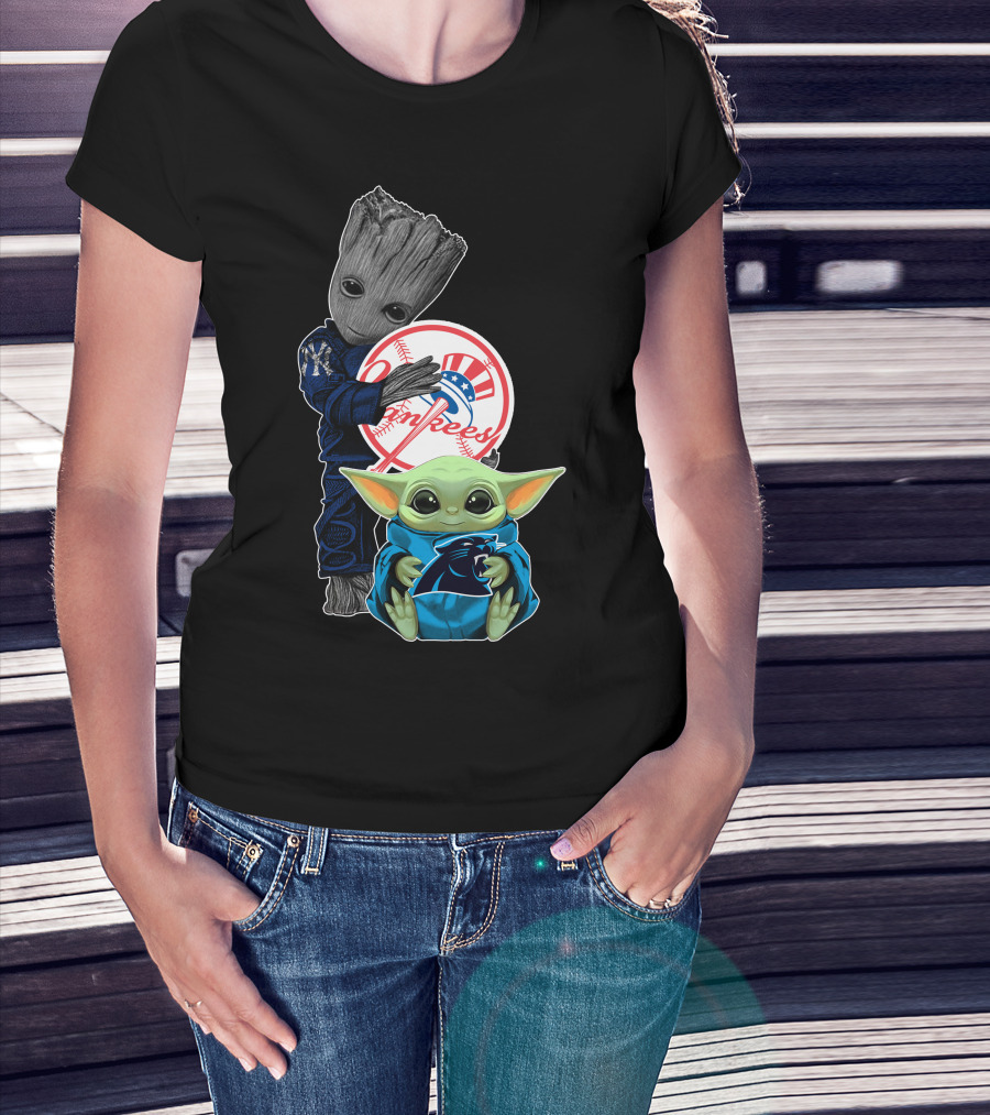 Yankees Groot And Panthers Baby Yoda T-Shirt