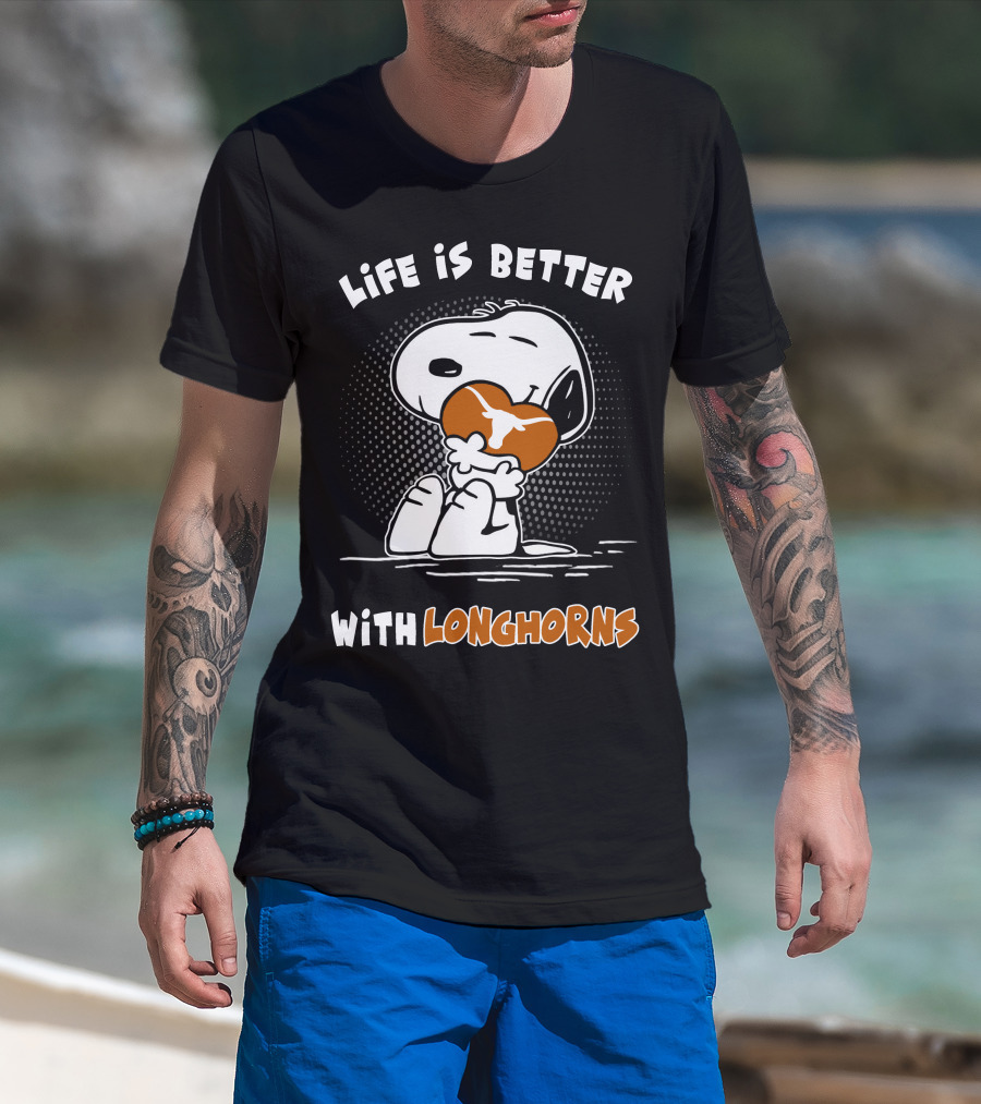 Life Is Better With Longhorns Snoopy Hugging Football T-Shirt