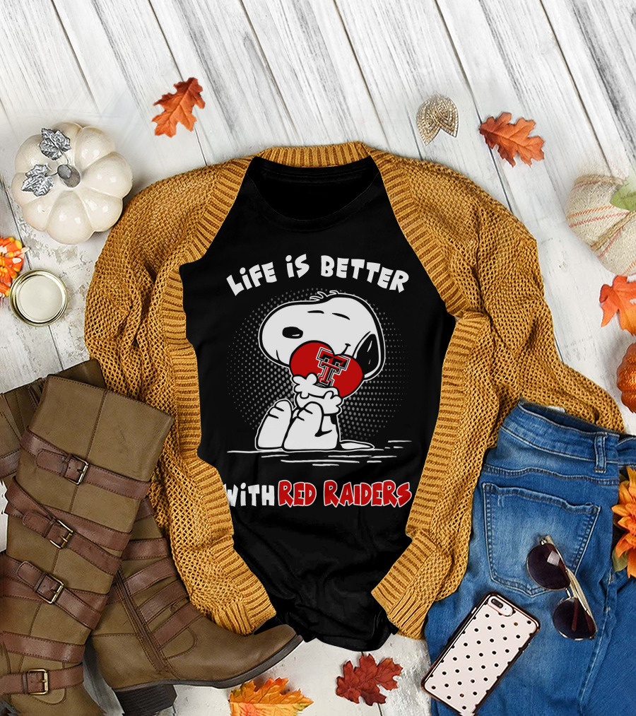 Life Is Better With Red Raiders Snoopy Hugging Texas Tech Heart T-Shirt