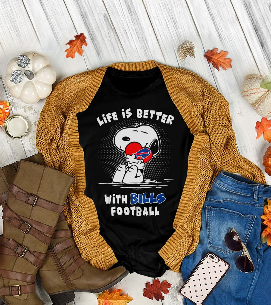 Life Is Better With Bills Football Snoopy Holding Buffalo Bills Logo Balloon T-Shirt