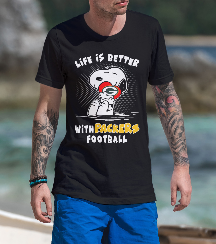 Life Is Better With Packers Football Snoopy Hugging Packers Helmet T-Shirt