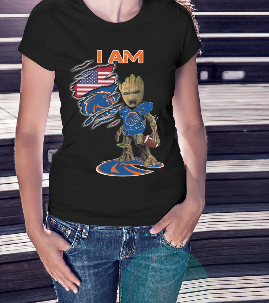 I Am Boise State Broncos Baby Groot Football American Flag T-Shirt