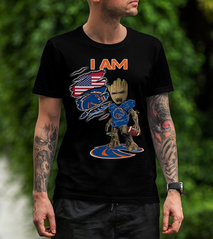 I Am Boise State Broncos Baby Groot Football American Flag T-Shirt