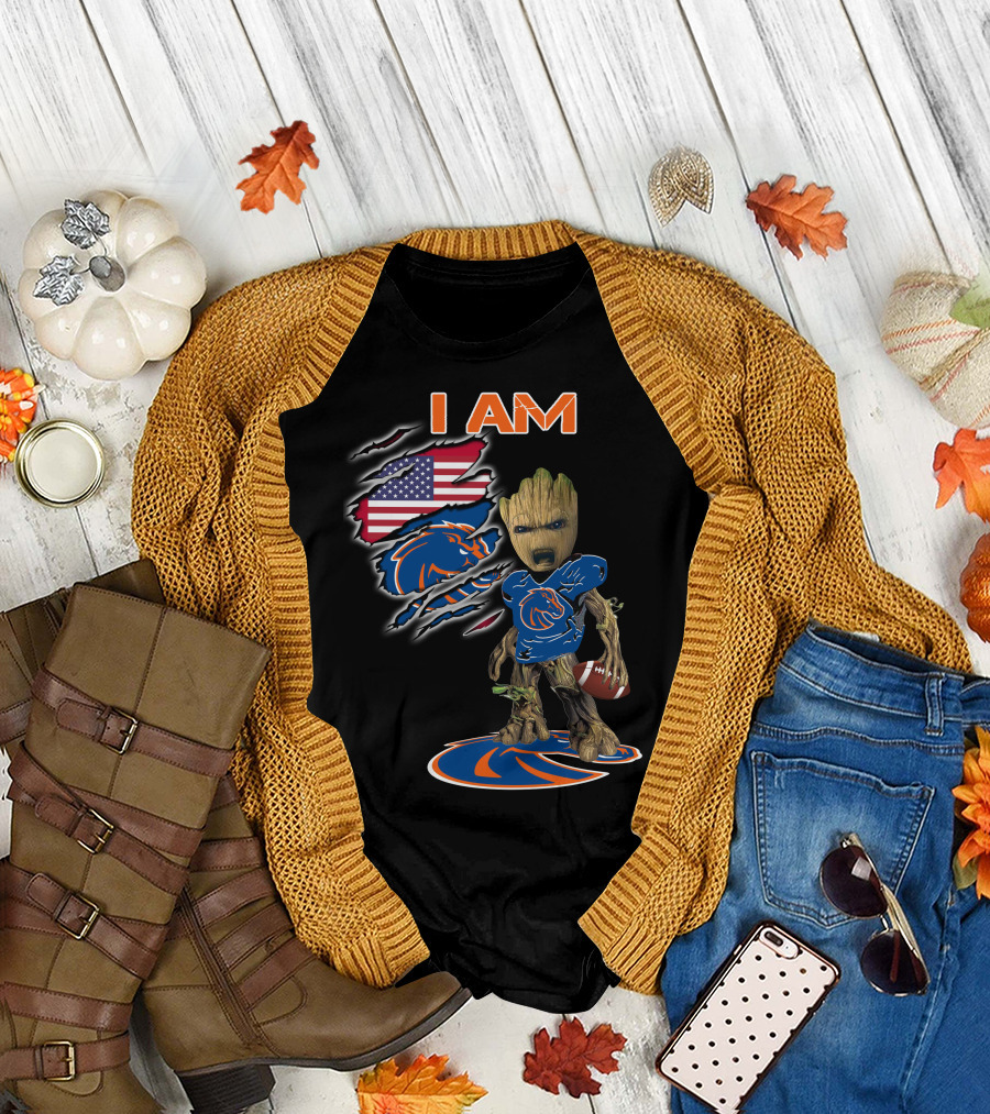 I Am Boise State Broncos Baby Groot Football American Flag T-Shirt