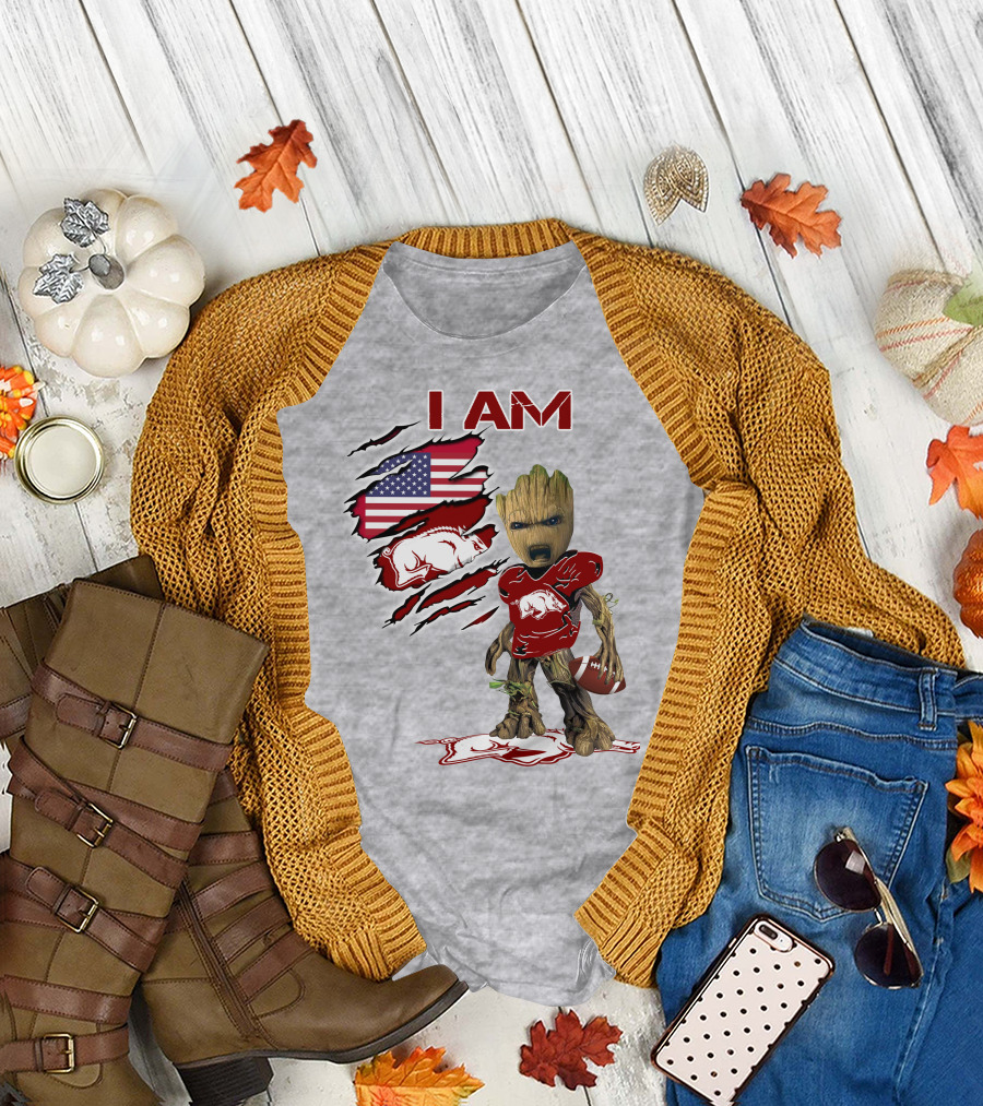 I Am Arkansas Baby Groot Razorbacks Football USA Flag T-Shirt