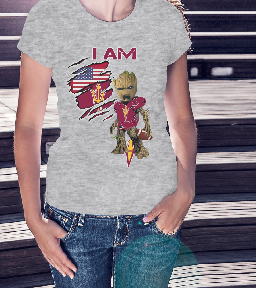 I Am Asu Baby Groot Arizona State University Football Fan Art American Flag T-Shirt