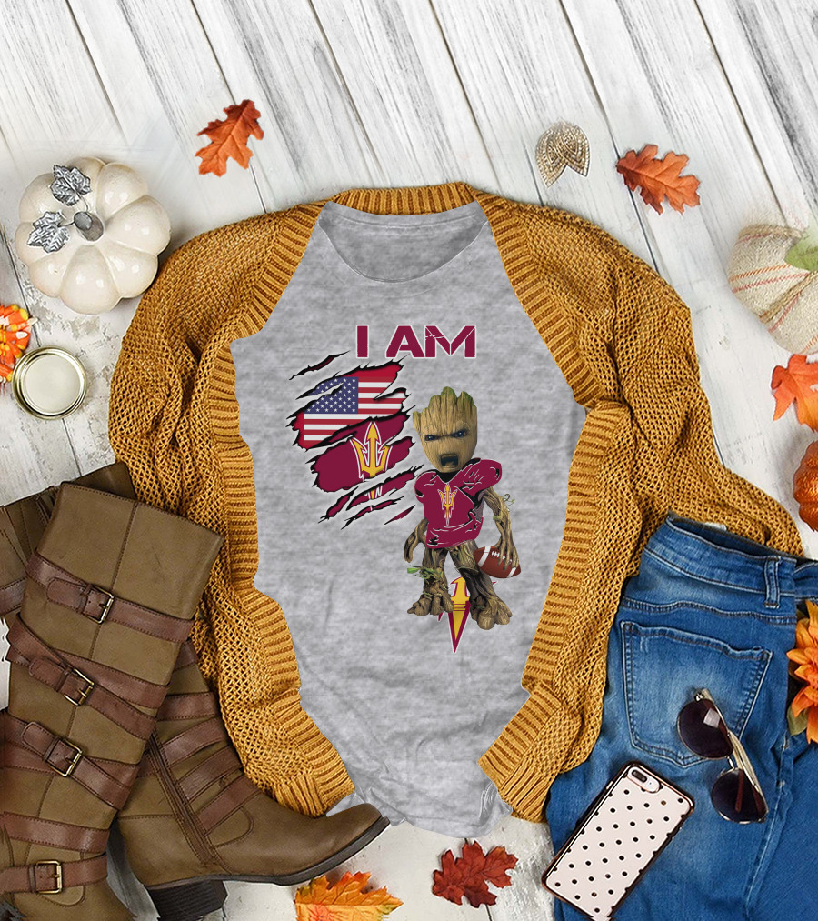 I Am Asu Baby Groot Arizona State University Football Fan Art American Flag T-Shirt