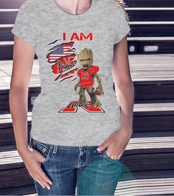 I Am Husker Baby Groot Football USA Flag T-Shirt