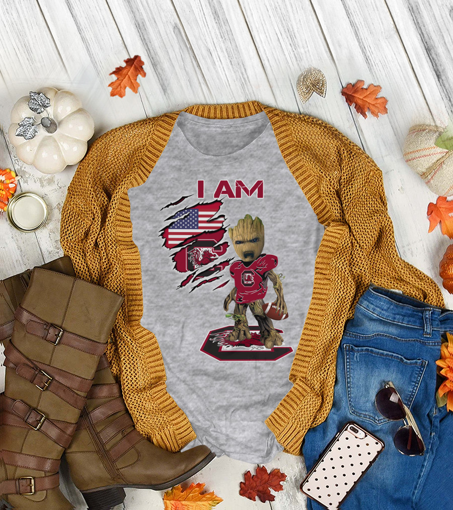 I Am Gamecocks Baby Groot Football American Flag T-Shirt